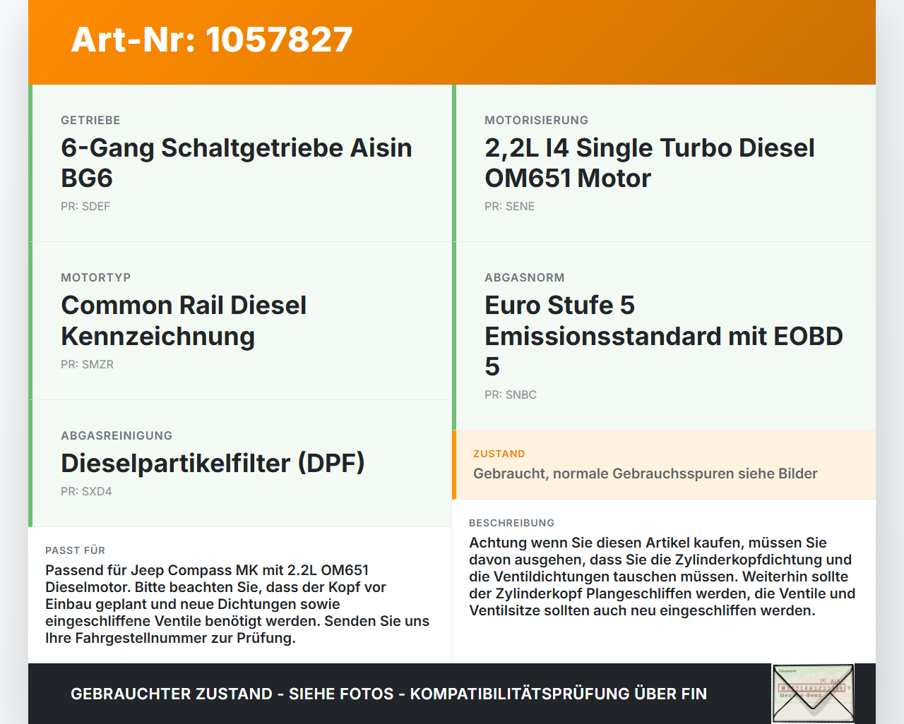 Jeep Compass MK49 10-14 2,1 120KW OM651 Zylinderkopf Jeep Compass MK49 10-14 31.01.2014 A6510150601 gebraucht Vorschau 3