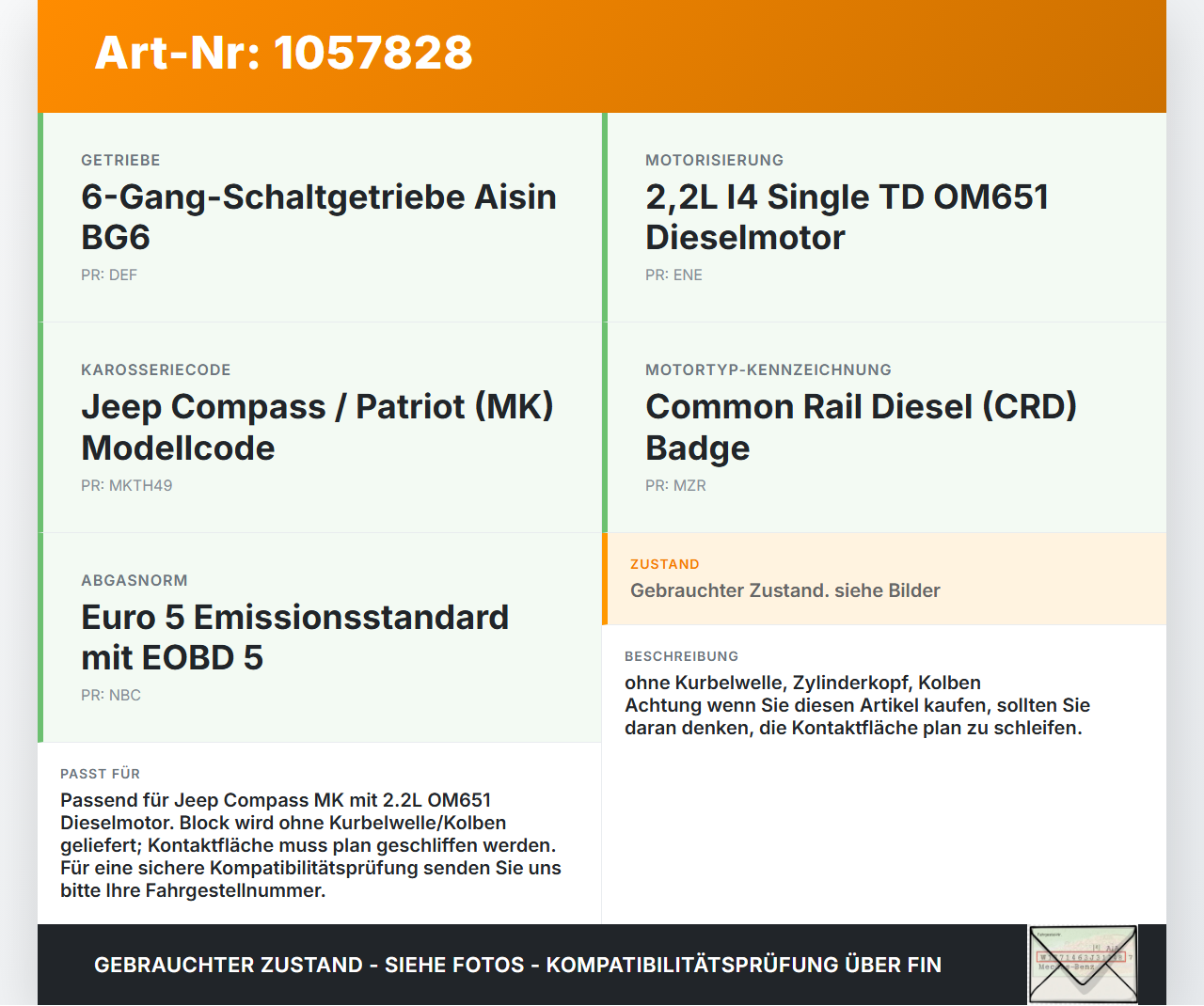 Jeep Compass MK49 10-14 2,1 120KW OM651 Motorblock für Motor Jeep Compass MK49 10-14 31.01.2014 gebraucht Vorschau 3