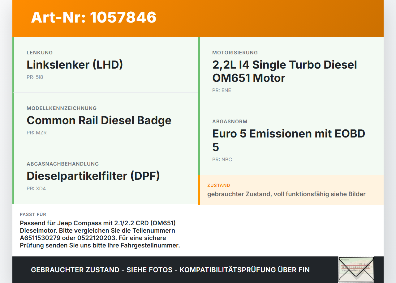 Jeep Compass MK49 10-14 2,1 120KW Sensor Jeep Compass MK49 10-14 31.01.2014 A6511530279 0522120203 gebraucht Vorschau 3