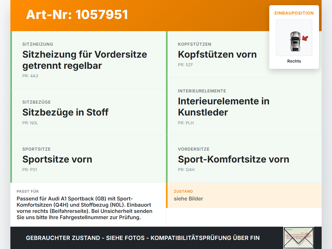 Audi A1 Sportback 18-24 Kopfstütze für Beifahrer Sitz Rechts Audi A1 Sportback 18-24 29.03.2019 gebraucht Vorschau 3
