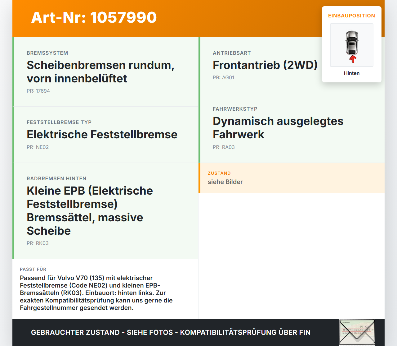 Volvo V70 135 07-13 Stellmotor für Elektr. Feststellbremse Link Hinten Volvo V70 135 07-13 17.06.2010 gebraucht Vorschau 3