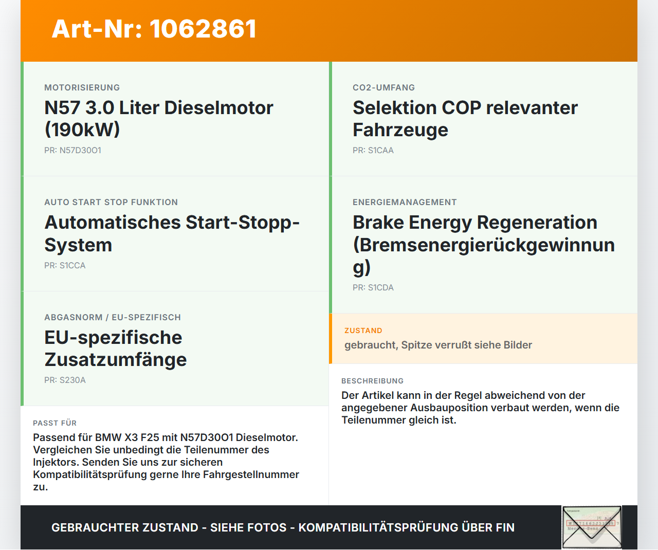 BMW X3 F25 10-14 3,0 190KW Einspritzdüse Einspritzventil Zyl.3 BMW X3 F25 10-14 24.01.2013 13537810702 0445110382... Vorschau 3