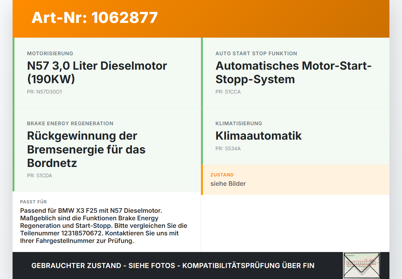 BMW X3 F25 10-14 3,0 190KW Lichtmaschine Generator BMW X3 F25 10-14 24.01.2013 12318570672 8570672 2613704D... Vorschau 3