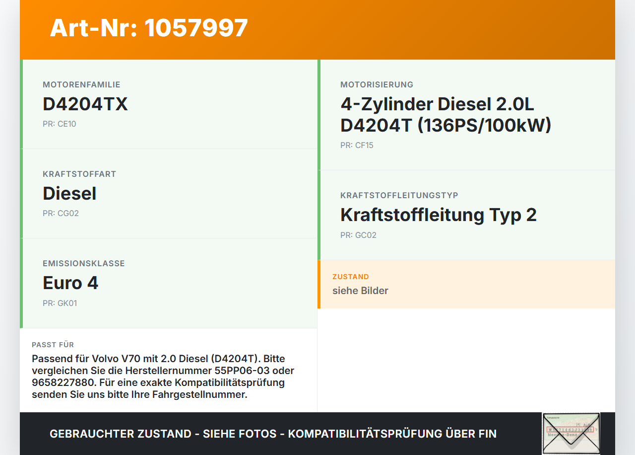 Volvo V70 135 07-13 2,0 100KW Railsensor Drucksensor 1 Volvo V70 135 07-13 17.06.2010 9658227880 55PP06-03... Vorschau 3
