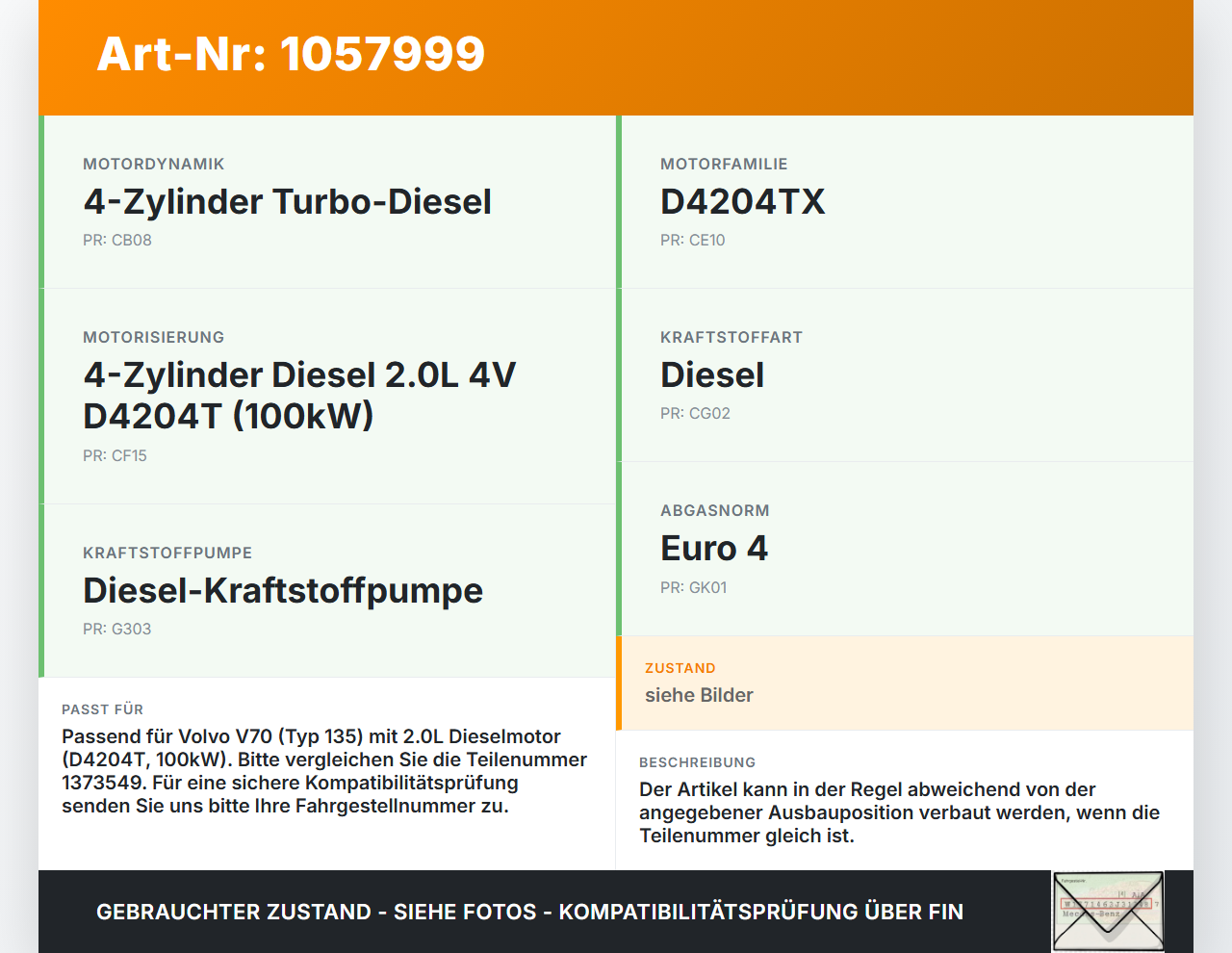 Volvo V70 135 07-13 2,0 100KW Injektor Einspritzdüse Zyl.1 Volvo V70 135 07-13 17.06.2010 9657144580 gebraucht Vorschau 3