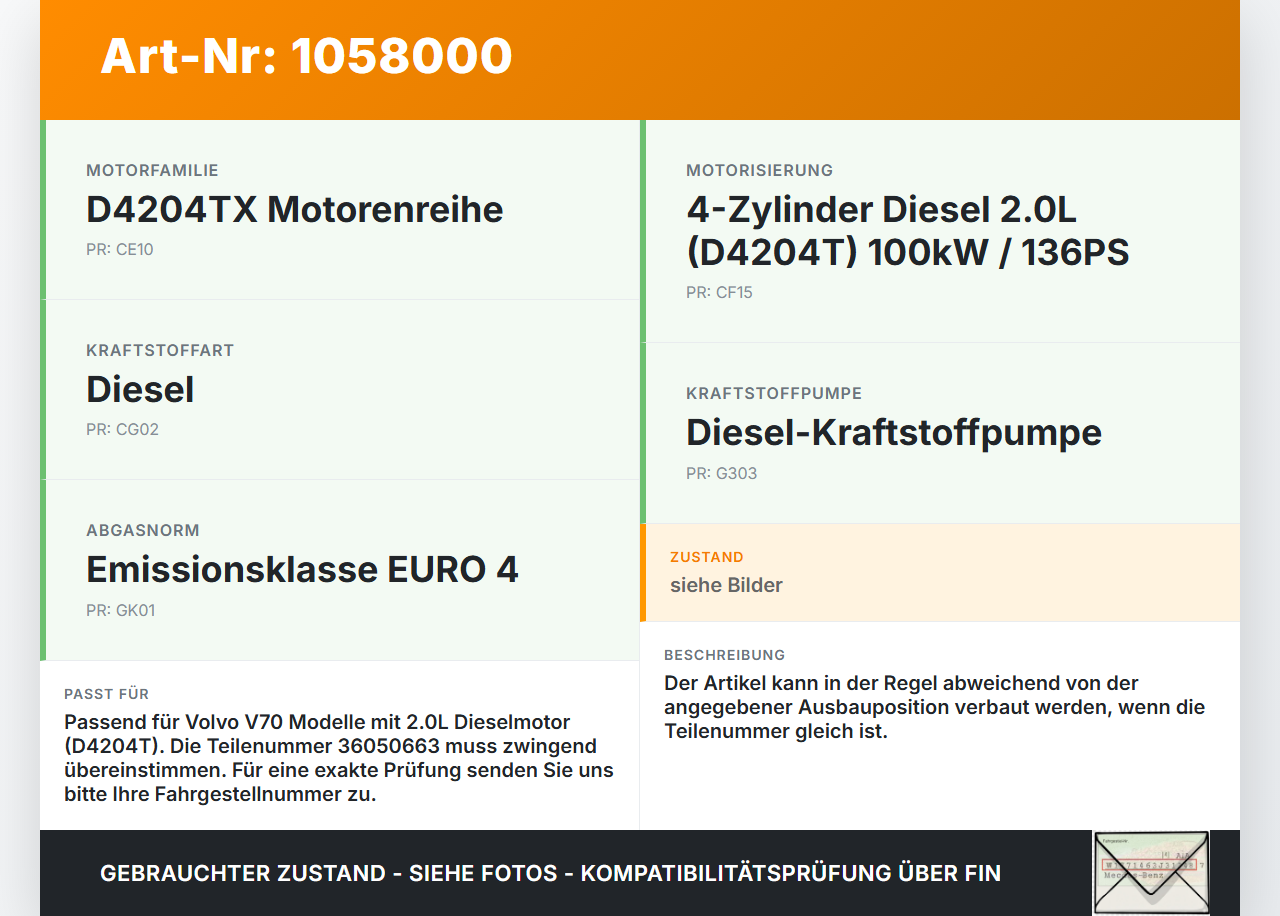 Volvo V70 135 07-13 2,0 100KW Injektor Einspritzdüse Zyl.2 Volvo V70 135 07-13 17.06.2010 36050663 gebraucht Vorschau 3
