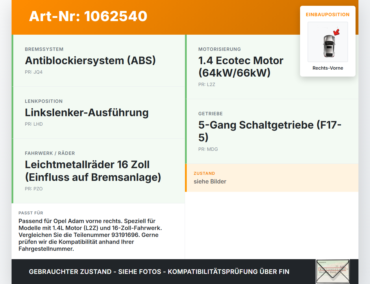Opel Adam M13 12-19 1,4 64KW Bremssattel Bremszange Vorne Rechts Opel Adam M13 12-19 04.10.2013 93191696 0864422... Vorschau 3