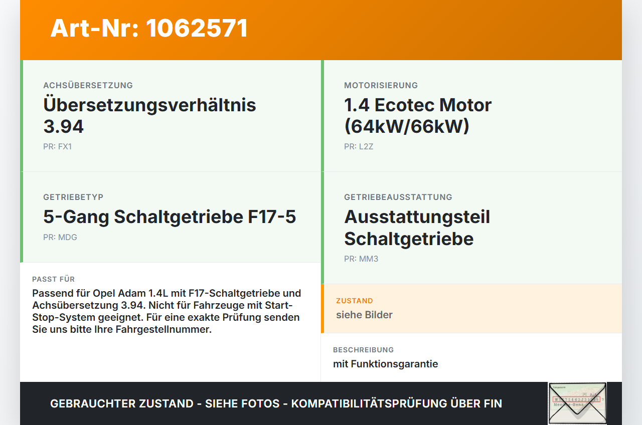 Opel Adam M13 12-19 1,4 64KW Schaltgetriebe Getriebe Opel Adam M13 12-19 04.10.2013 24579999 5700538 gebraucht Vorschau 3