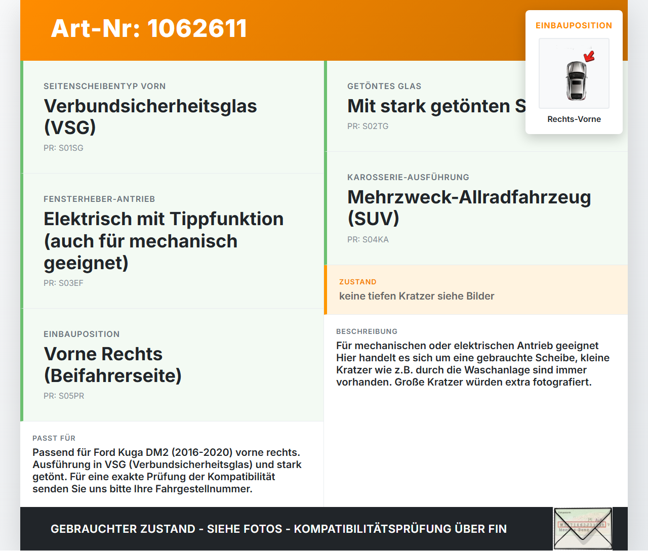 Ford Kuga DM2 16-20 Seitenscheibe RVK Türscheibe Rechts Vorne VSG Ford Kuga DM2 16-20 27.12.2018 CJ54-S21410-AC... Vorschau 3