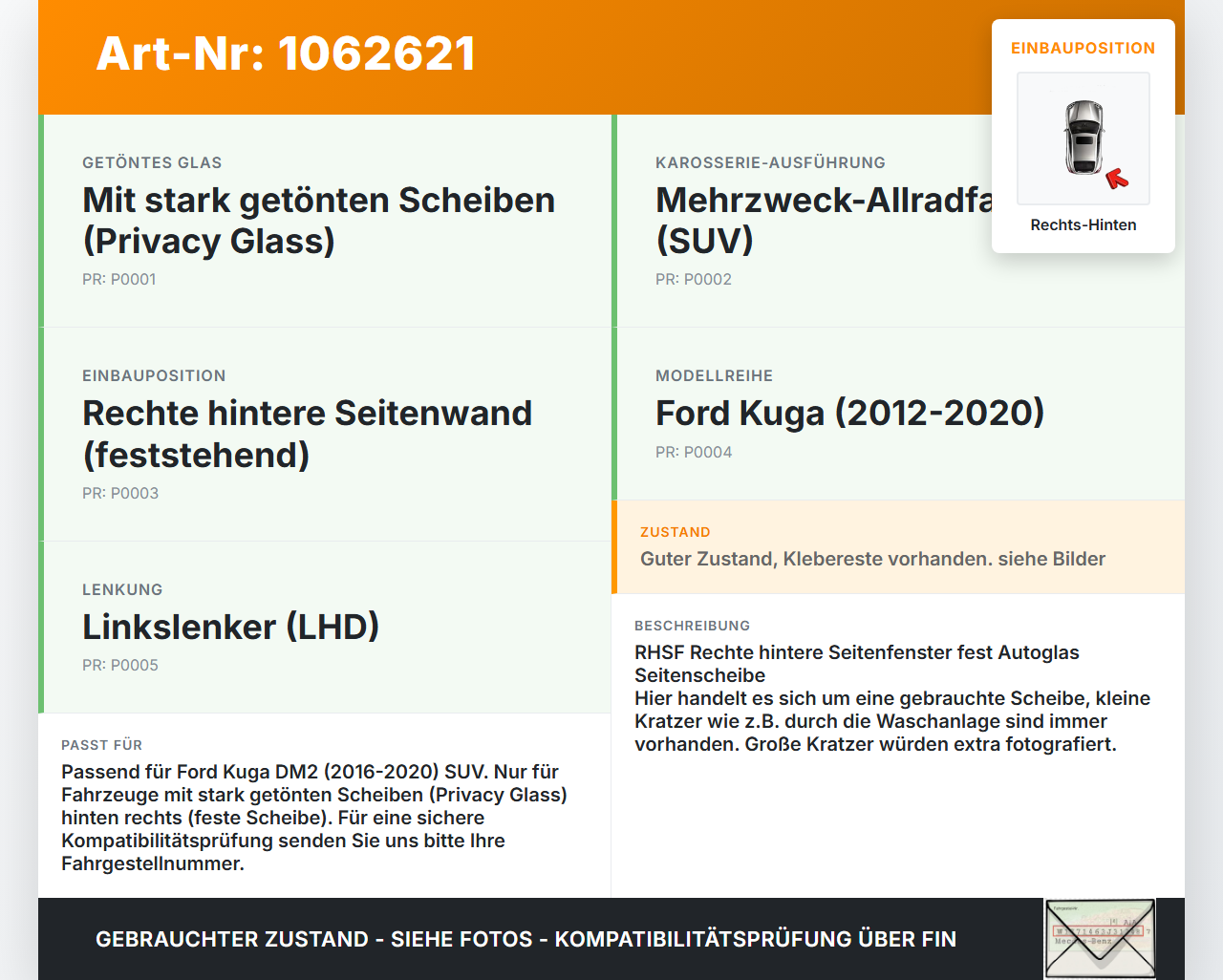 Ford Kuga DM2 16-20 Seitenscheibe Feste Scheibe Rechts Hinten Orig. getönt Ford Kuga DM2 16-20 27.12.2018... Vorschau 3