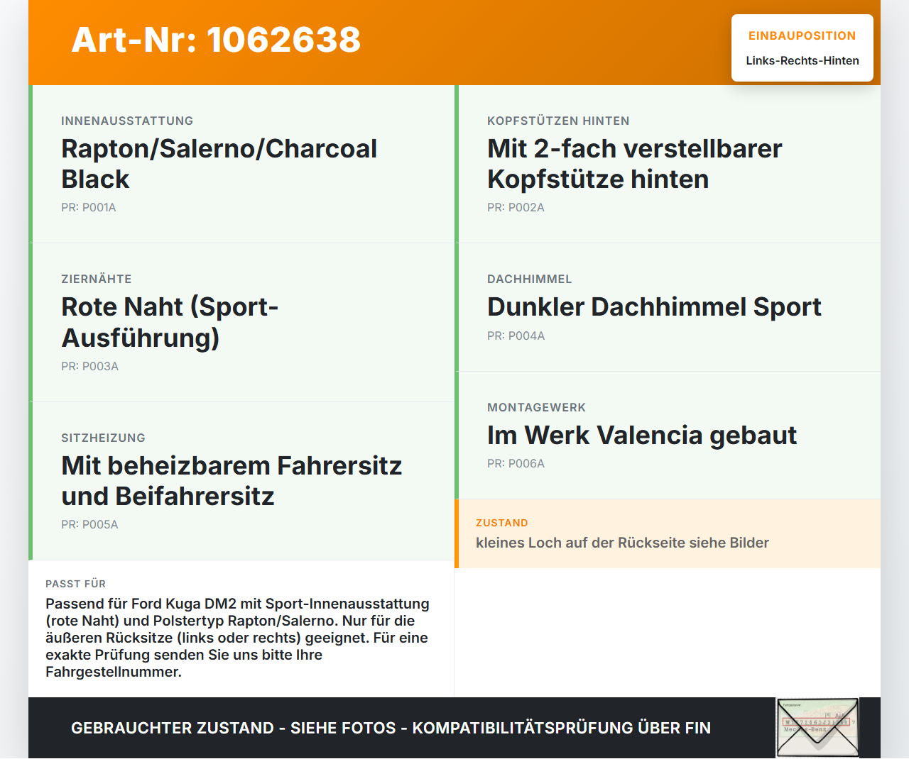 Ford Kuga DM2 16-20 Kopfstütze Rechts oder Links Hinten rote Naht Ford Kuga DM2 16-20 27.12.2018 GV41-S50109-BC1GPW... Vorschau 3
