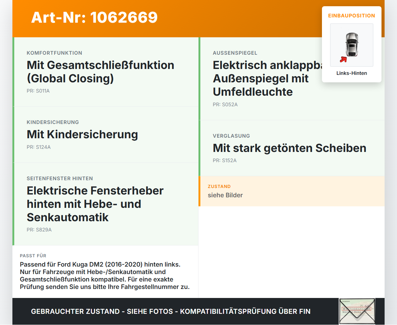 Ford Kuga DM2 16-20 Fensterhebermotor mit Fensterheber Links Hinten Ford Kuga DM2 16-20 27.12.2018 CJ54-S27001-BH... Vorschau 3