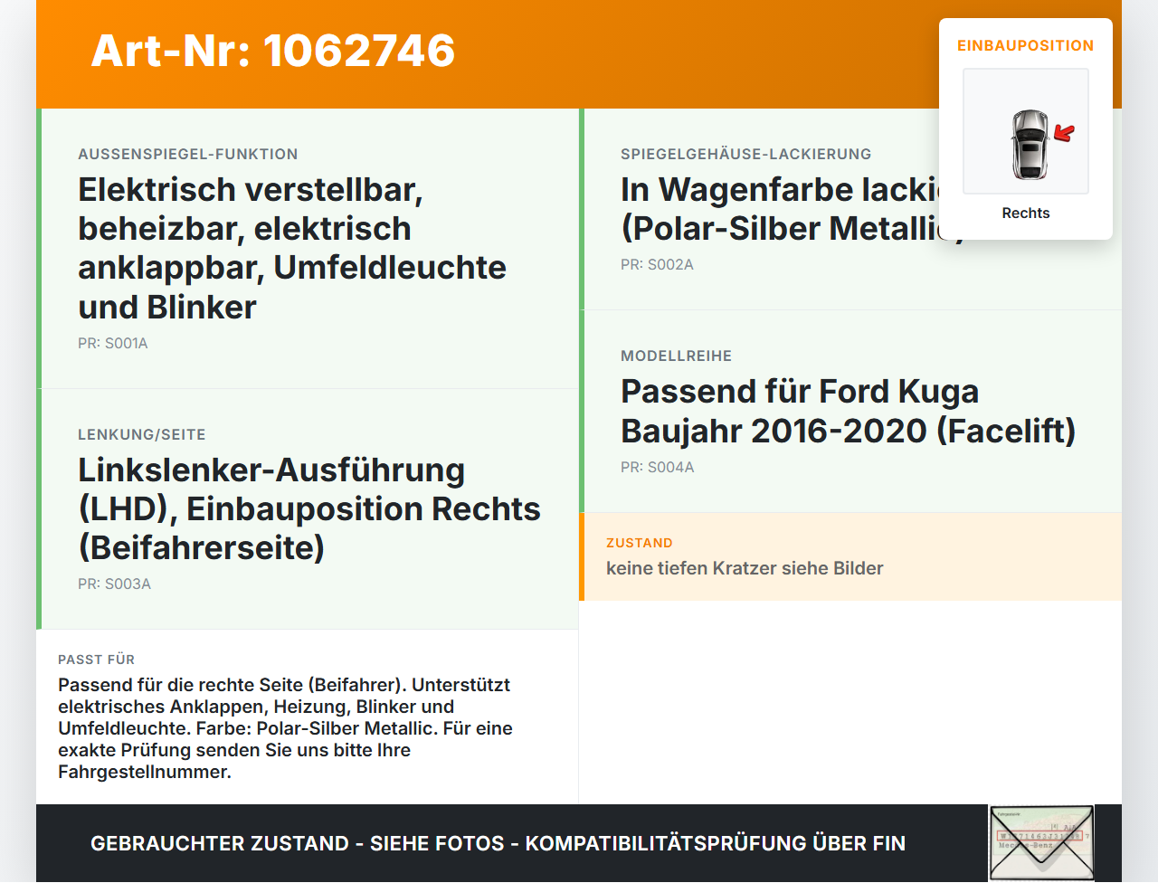 Ford Kuga DM2 16-20 Spiegel Aussenspiegel Rechts 0D Ford Kuga DM2 16-20 27.12.2018 DV44-17682-JE gebraucht Vorschau 3