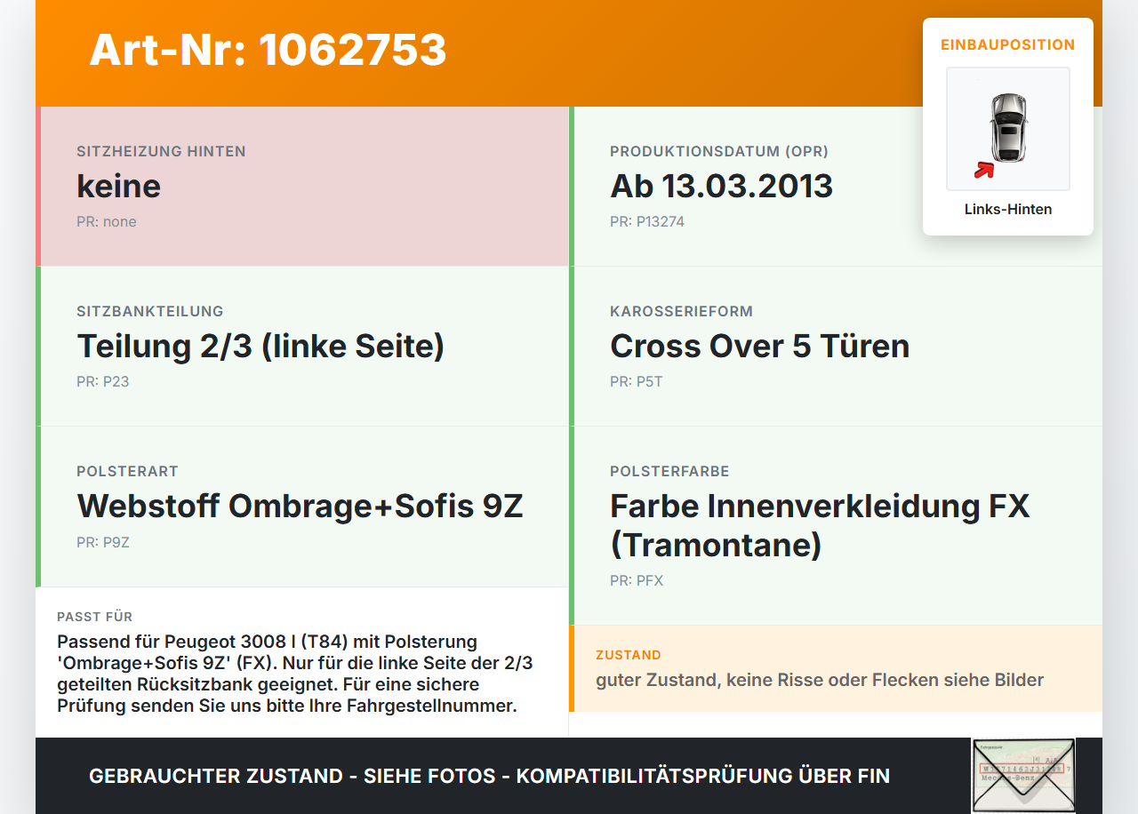 Peugeot 3008 I 0U 13-16 Mehrzweckfahrzeug Sitzbezug Sitzpolster Links für Rücksitzbank Hinten Peugeot 3008 I 0U... Vorschau 3