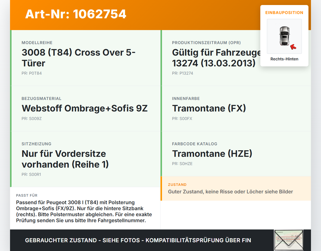 Peugeot 3008 I 0U 13-16 Mehrzweckfahrzeug Sitzbezug Sitzpolster Rechts für Rücksitzbank Hinten Peugeot 3008 I 0U... Vorschau 3