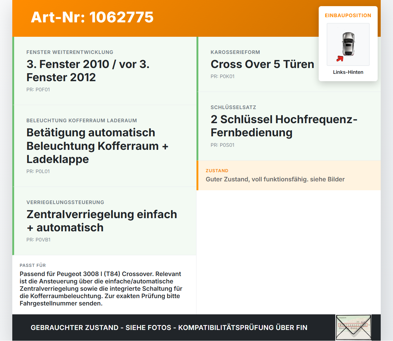 Peugeot 3008 I 0U 13-16 Mehrzweckfahrzeug Schloss Heckklappe Heckklappenschloss Verriegelung Links Hinten Peugeot... Vorschau 3