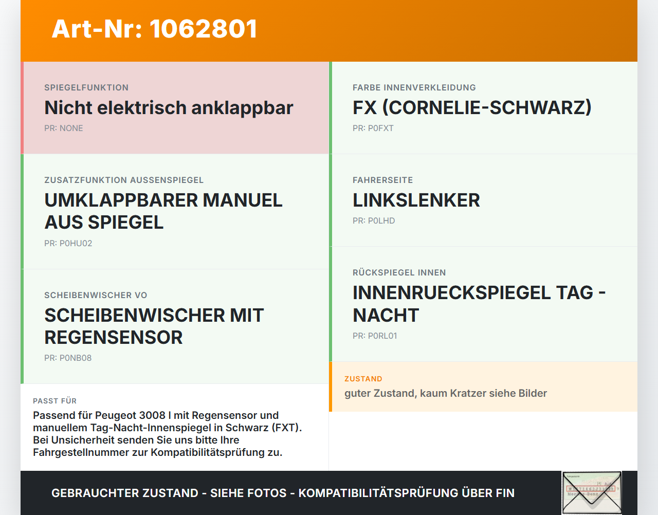 Peugeot 3008 I 0U 13-16 Innenspiegel Rückspiegel Spiegel Innen Peugeot 3008 I 0U 13-16 02.01.2012 8153LR gebraucht Vorschau 3