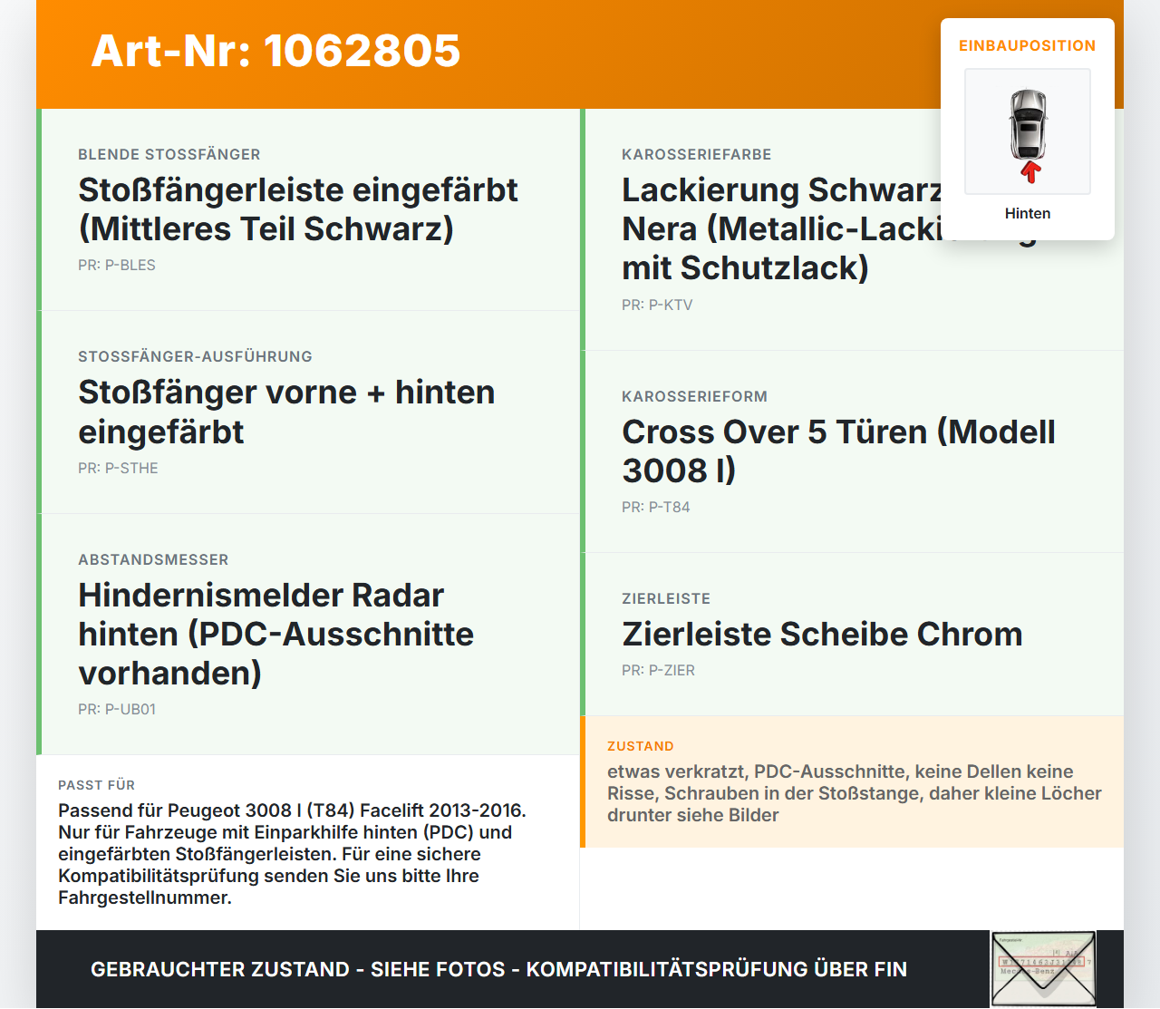 Peugeot 3008 I 0U 13-16 Mehrzweckfahrzeug Stoßstange Stoßfänger Heckstosstange Hinten KTV Peugeot 3008 I 0U 13-16... Vorschau 3