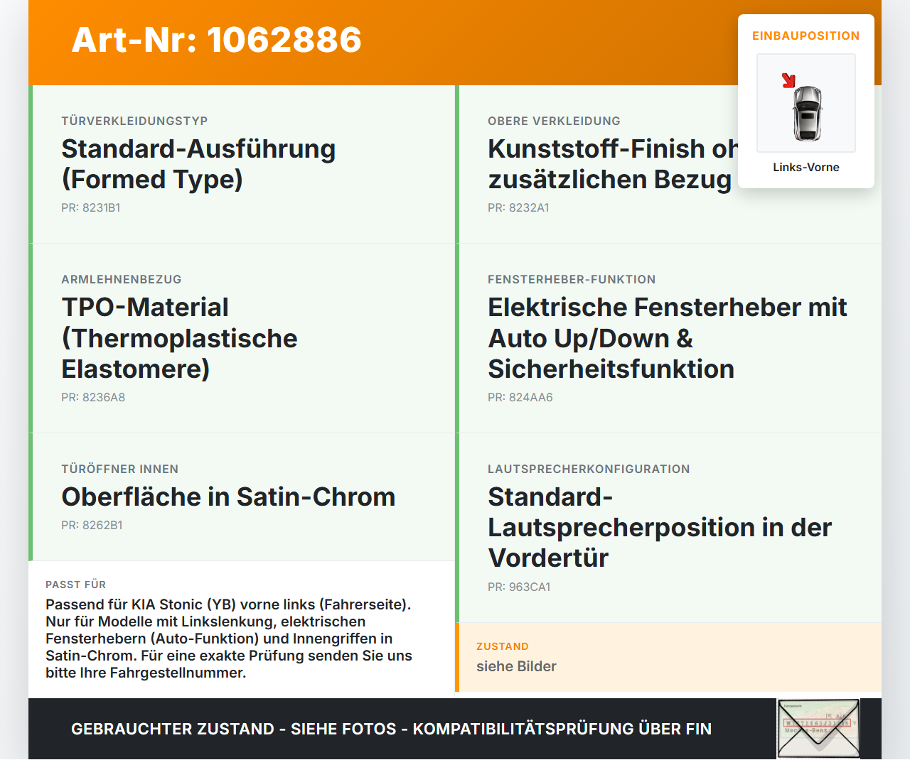 KIA Stonic YB 17-20 Türverkleidung Türpappe Links Vorne KIA Stonic YB 17-20 09.12.2019 82301H8010WK 82301-H8010WK... Vorschau 3