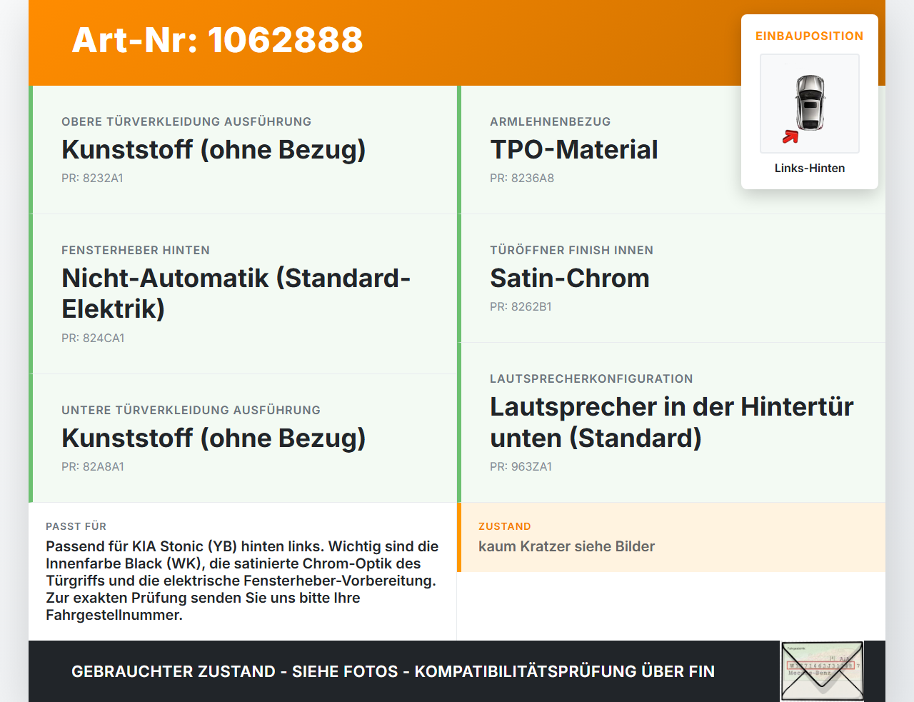 KIA Stonic YB 17-20 Türverkleidung Türpappe Links Hinten KIA Stonic YB 17-20 09.12.2019 83301H8520WK 3441754WK gebraucht Vorschau 3