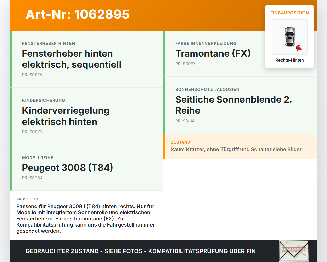 Peugeot 3008 I 0U 13-16 Mehrzweckfahrzeug Türverkleidung Türpappe mit Sonnenrollo Rechts Hinten Peugeot 3008 I 0U... Vorschau 3