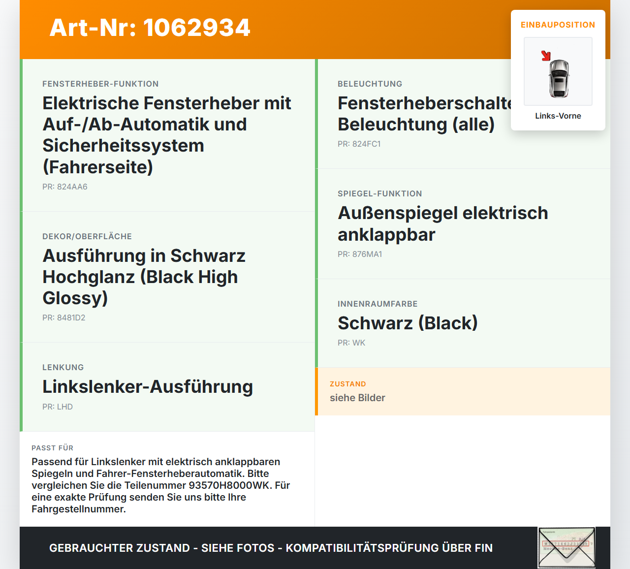 KIA Stonic YB 17-20 Fensterheberschalter Schalter Links Vorne KIA Stonic YB 17-20 09.12.2019 93570H8000WK... Vorschau 3