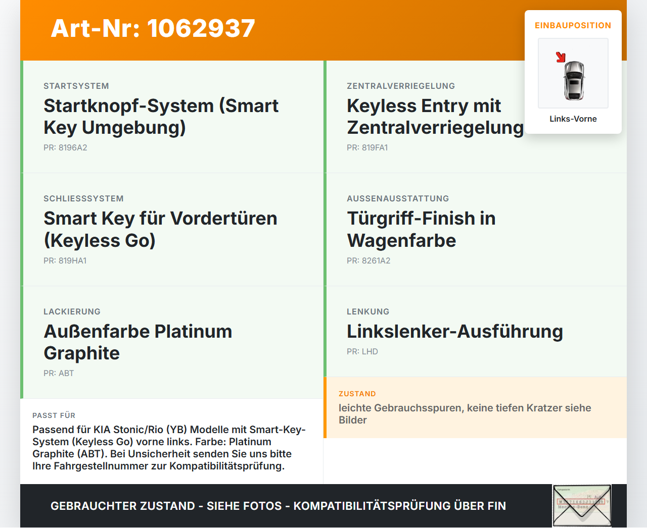 KIA Stonic YB 17-20 Türgriff Griff außen mit Keyless Go Links Vorne ABT KIA Stonic YB 17-20 09.12.2019 82651H8700... Vorschau 3