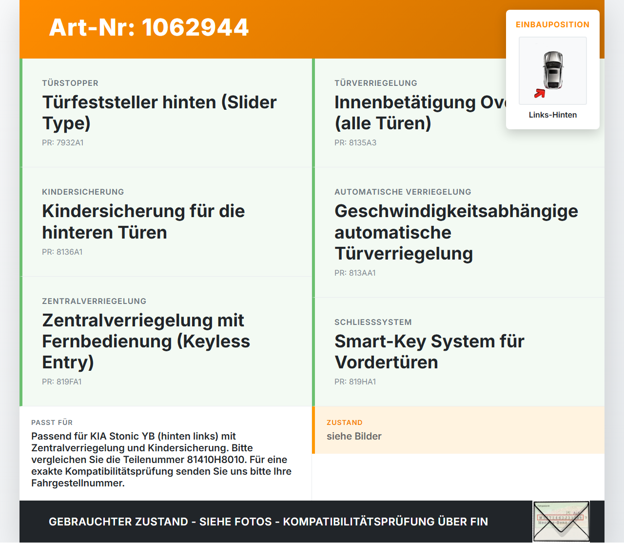 KIA Stonic YB 17-20 Türschloss m. ZV Stellmotor Links Hinten KIA Stonic YB 17-20 09.12.2019 81410H8010... Vorschau 3