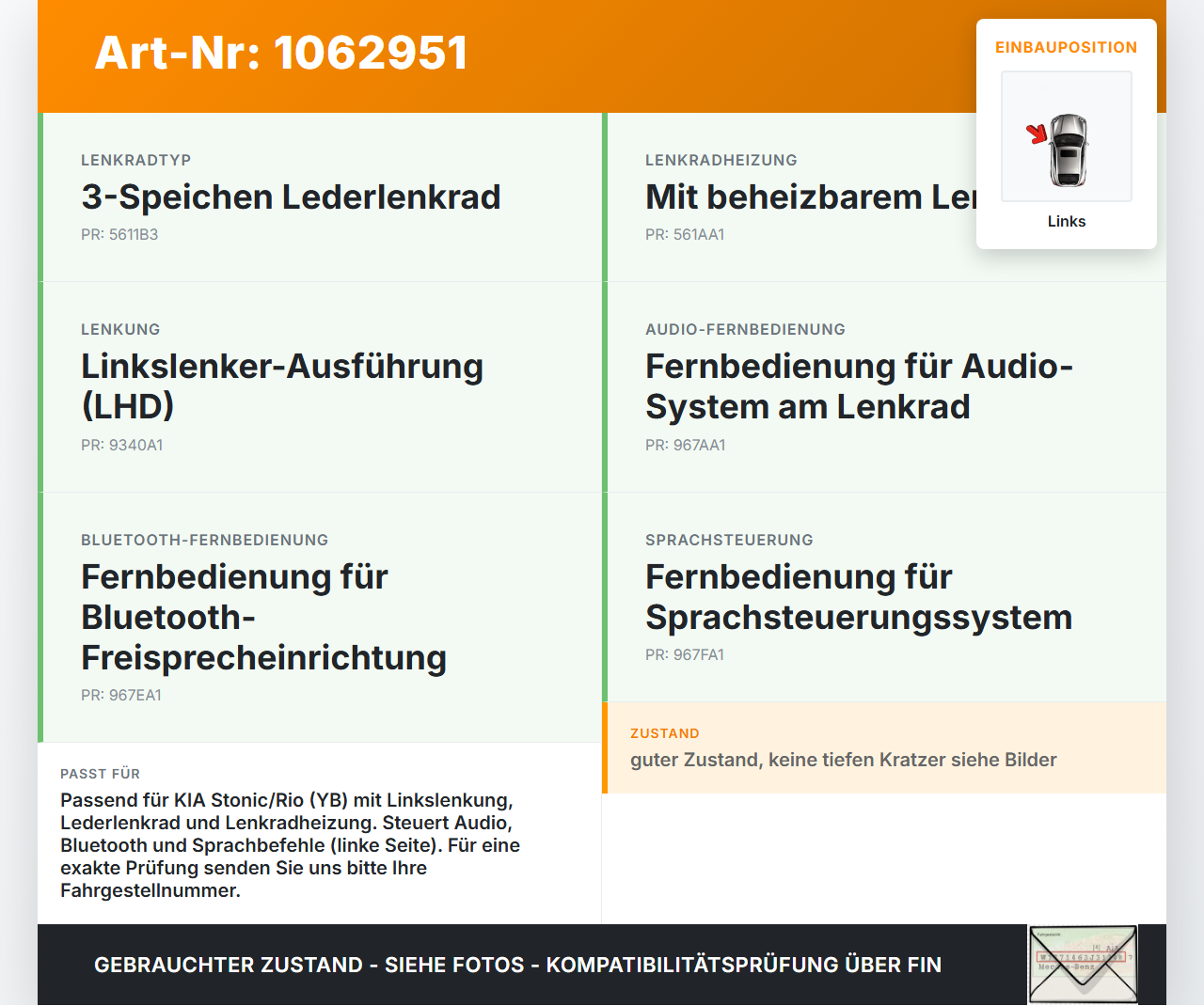 KIA Stonic YB 17-20 Lenkradschalter Multifunktionstasten Schalter für Lenkrad Links KIA Stonic YB 17-20 09.12.2019... Vorschau 3