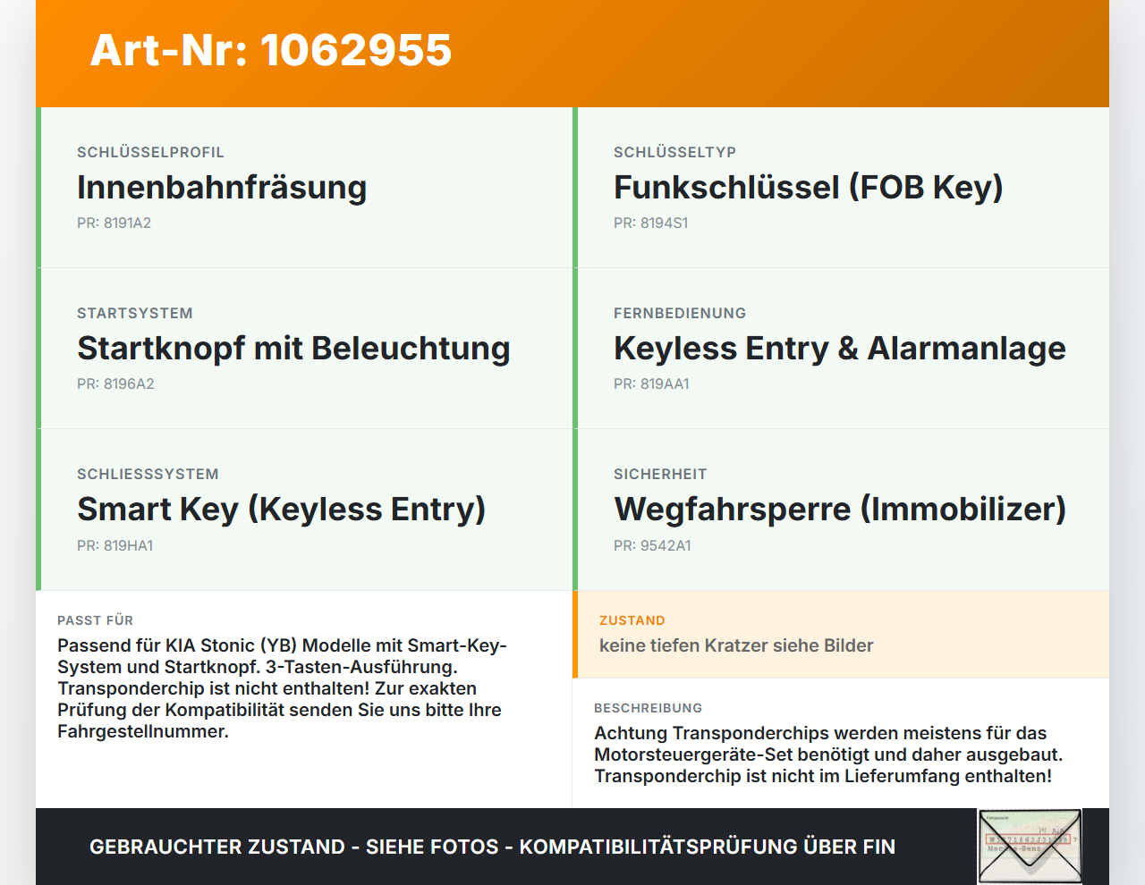 KIA Stonic YB 17-20 Fernbedienung Funk Funkschlüssel 3-Tasten KIA Stonic YB 17-20 09.12.2019 95440H8100 gebraucht Vorschau 3
