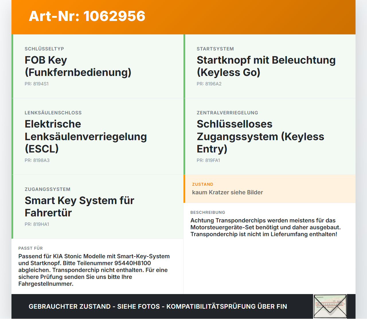 KIA Stonic YB 17-20 Smart Key Funkschlüssel Fernbedienung KIA Stonic YB 17-20 09.12.2019 95440H8100 95440-H8100... Vorschau 3