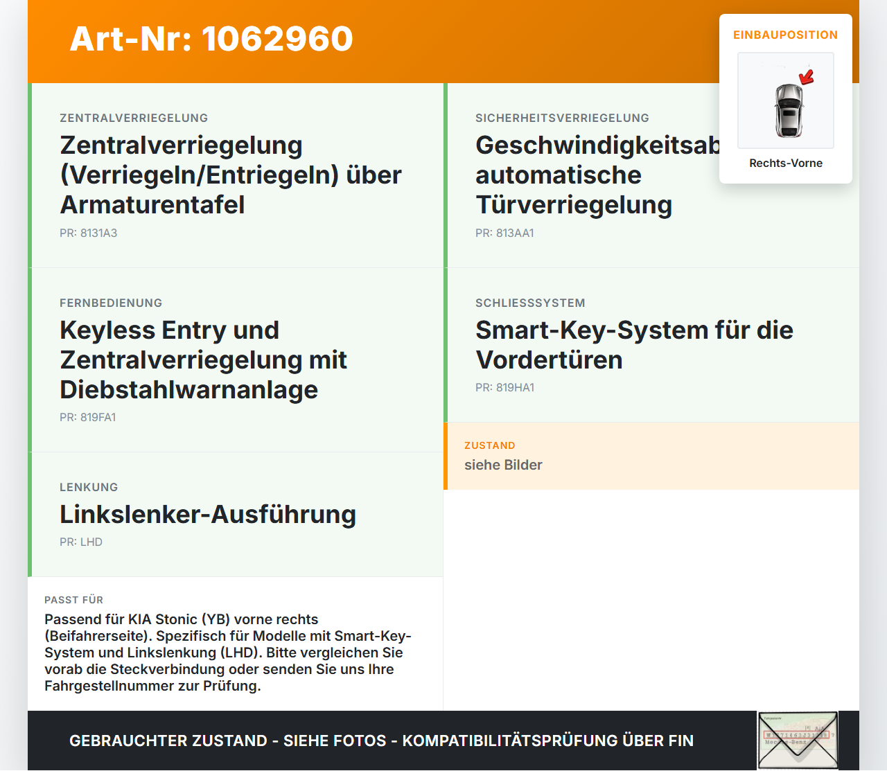 KIA Stonic YB 17-20 Türschloss Stellmotor Zentralverriegelung Rechts Vorne KIA Stonic YB 17-20 09.12.2019... Vorschau 3