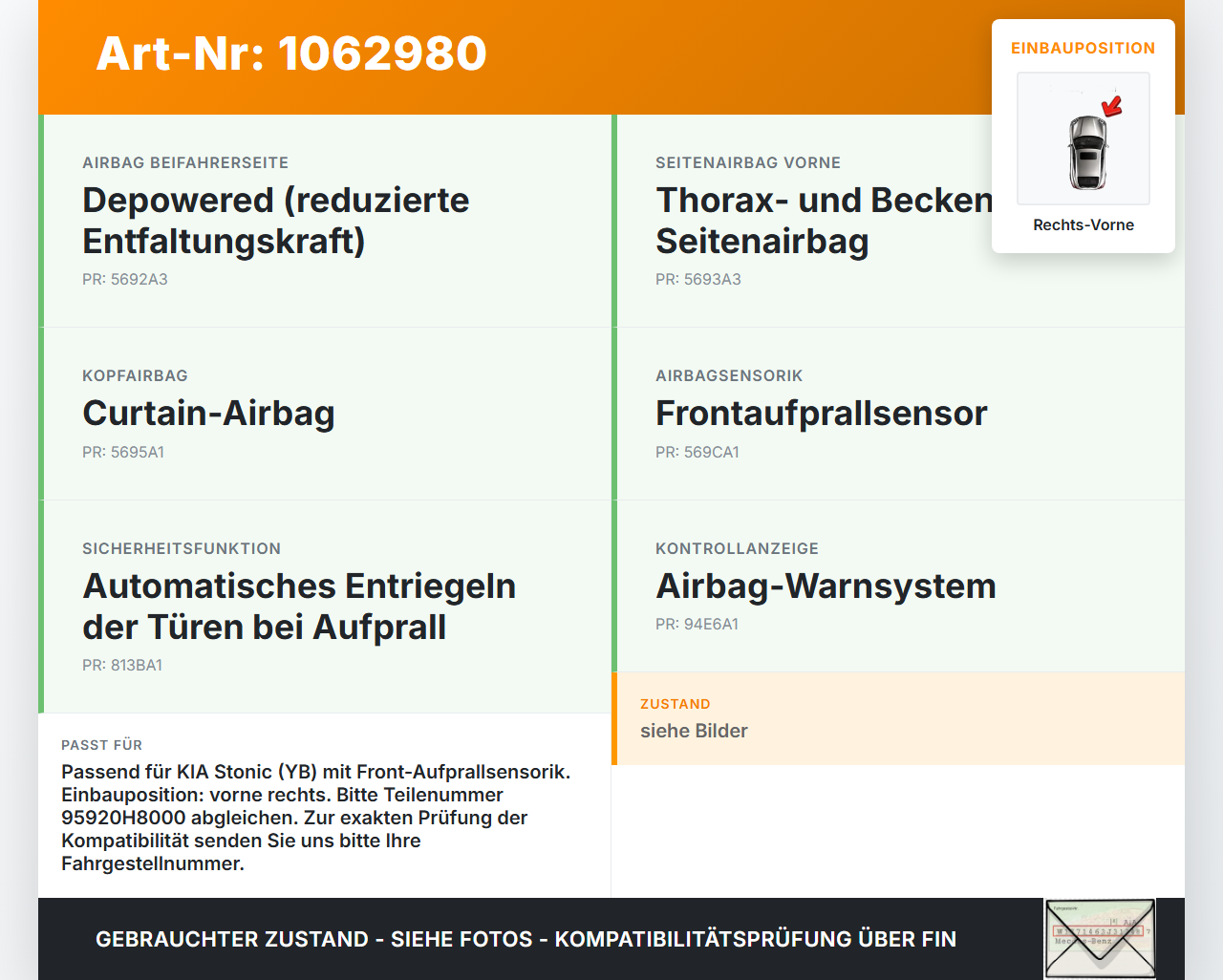 KIA Stonic YB 17-20 Airbagsensor Crashsensor Aufprallsensor Rechts Vorne KIA Stonic YB 17-20 09.12.2019 95920H8000... Vorschau 3