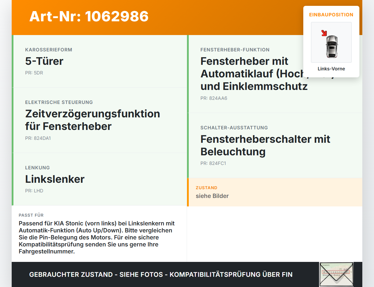 KIA Stonic YB 17-20 Fensterhebermotor mit Fensterheber elektrisch Links Vorne KIA Stonic YB 17-20 09.12.2019... Vorschau 3
