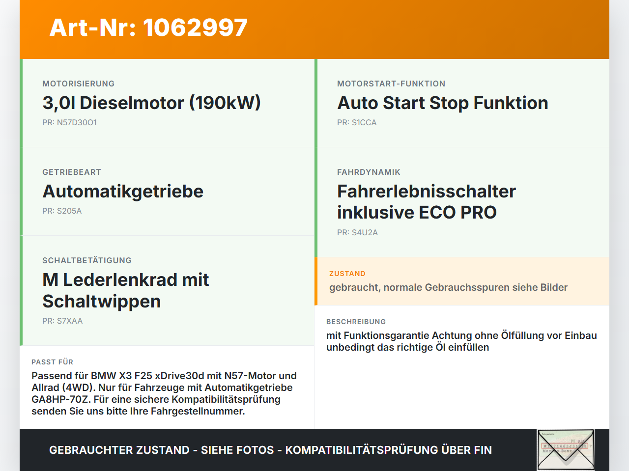 BMW X3 F25 10-14 3,0 190KW 4WD GA8HP-70Z Automatikgetriebe Getriebe ohne Wandler BMW X3 F25 10-14 24.01.2013... Vorschau 3