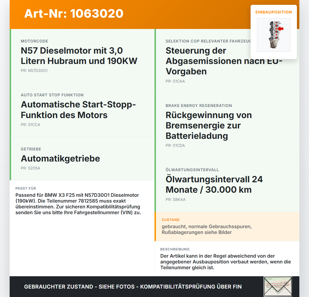 BMW X3 F25 10-14 3,0 190KW N57D30O1 Kolben mit Pleuel Pos D BMW X3 F25 10-14 24.01.2013 1125-7812585 7812585 gebraucht Vorschau 3