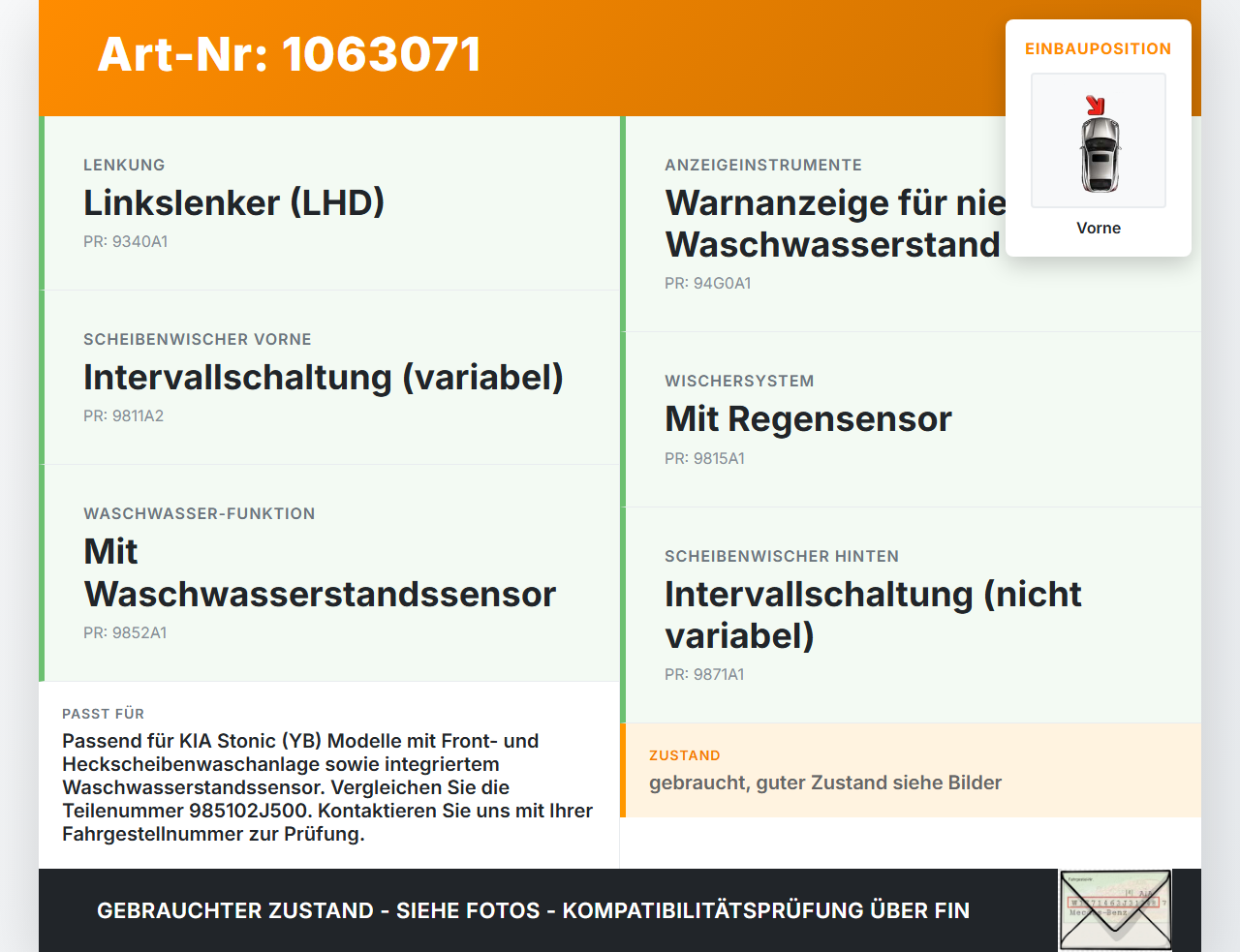 KIA Stonic YB 17-20 Wischwasserpumpe Waschwasserpumpe Vorne KIA Stonic YB 17-20 09.12.2019 985102J500 gebraucht Vorschau 3