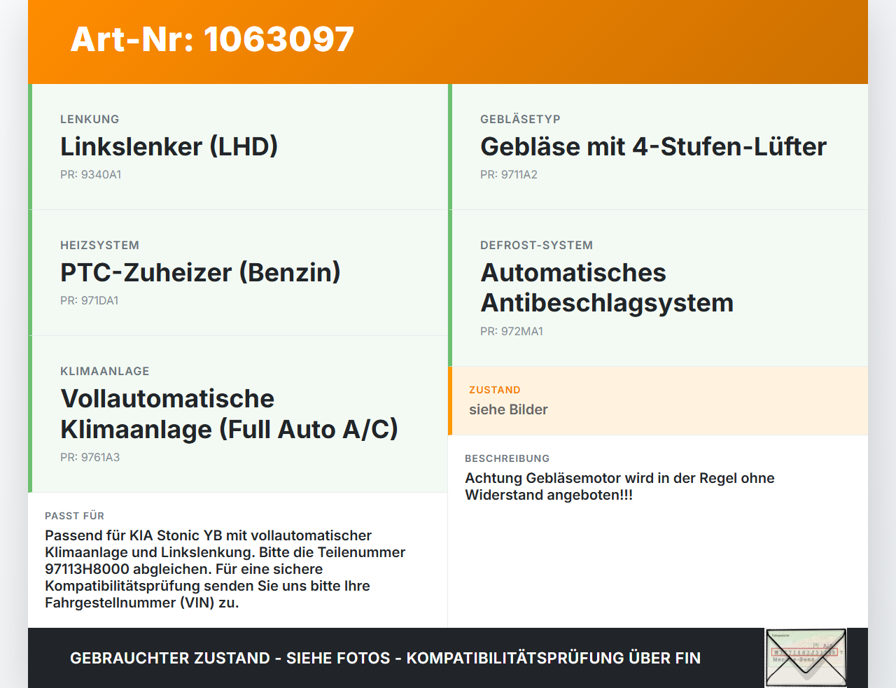 KIA Stonic YB 17-20 Gebläsemotor Lüftermotor Heizungsgebläse KIA Stonic YB 17-20 09.12.2019 97113H8000 97113-H8000... Vorschau 3