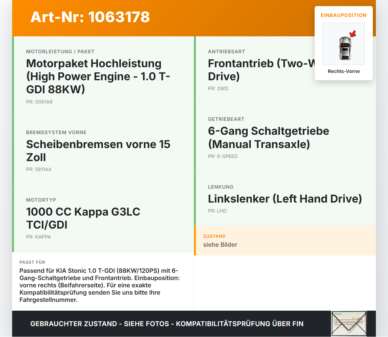 KIA Stonic YB 17-20 1,0 88KW Antriebswelle Gelenkwelle Rechts Vorne KIA Stonic YB 17-20 09.12.2019 49501H8250... Vorschau 3