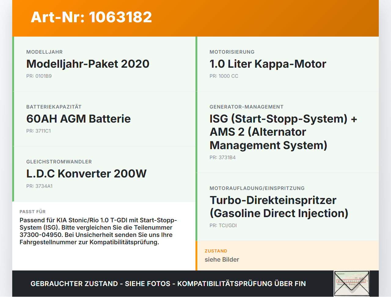KIA Stonic YB 17-20 1,0 88KW Lichtmaschine Generator 130A KIA Stonic YB 17-20 09.12.2019 3730004950 37300-04950... Vorschau 3