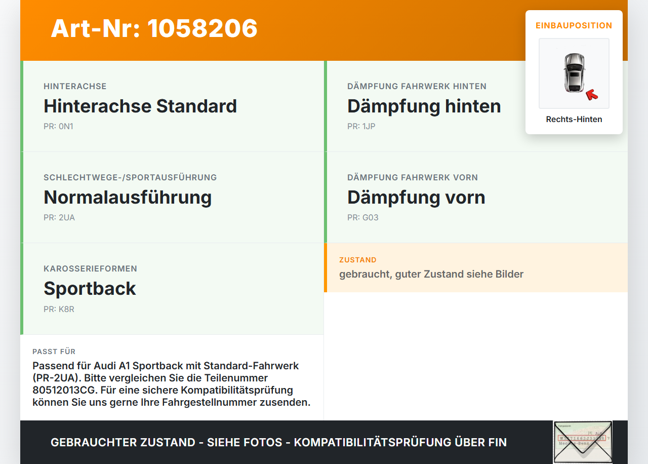 Audi A1 Sportback 18-24 Stossdämpfer Rechts Hinten Audi A1 Sportback 18-24 29.03.2019 80512013CG 801402002596 gebraucht Vorschau 3