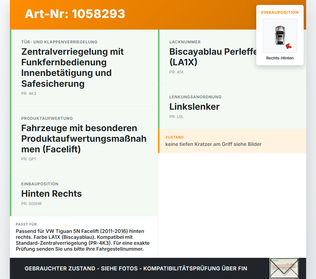 VW Tiguan 5N 11-16 Türgriff Außengriff Griff Hinten Rechts LA1X VW Tiguan 5N 11-16 12.12.2012 gebraucht Vorschau 3