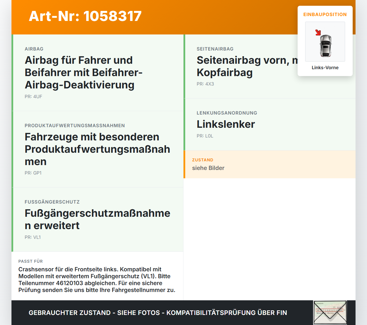 VW Tiguan 5N 11-16 Airbagsensor Crashsensor Sensor Links Vorne VW Tiguan 5N 11-16 12.12.2012 5Q0959354D 46120103... Vorschau 3
