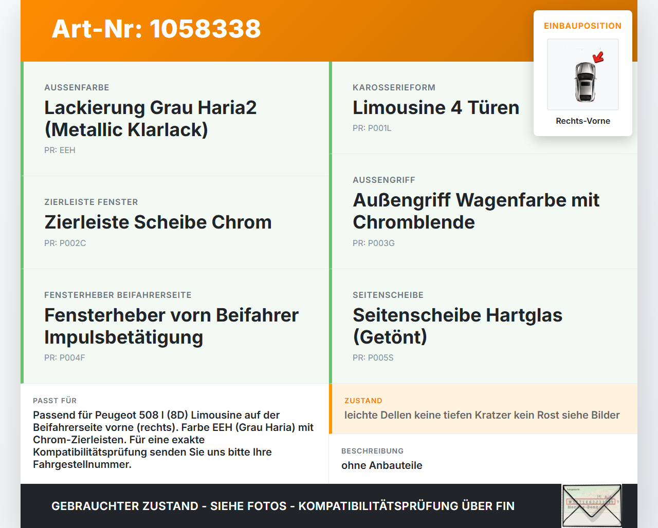 Peugeot 508 I 8D 10-14 Lim Tür Beifahrertür Rechts Vorne EEH Peugeot 508 I 8D 10-14 20.11.2012 gebraucht Vorschau 3