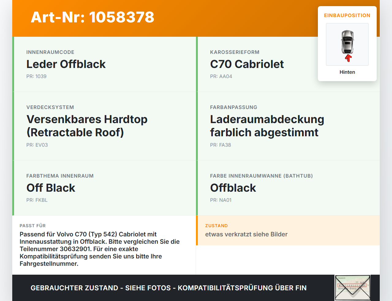 Volvo C70 542 06-09 Cabrio Laderaumabdeckung Hutablage Hinten Volvo C70 542 06-09 01.06.2007 30632901 gebraucht Vorschau 3