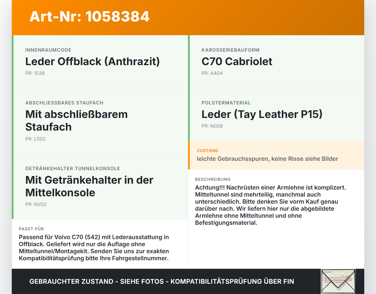 Volvo C70 542 06-09 Armlehne Mittelarmlehne Auflage Volvo C70 542 06-09 01.06.2007 gebraucht Vorschau 3