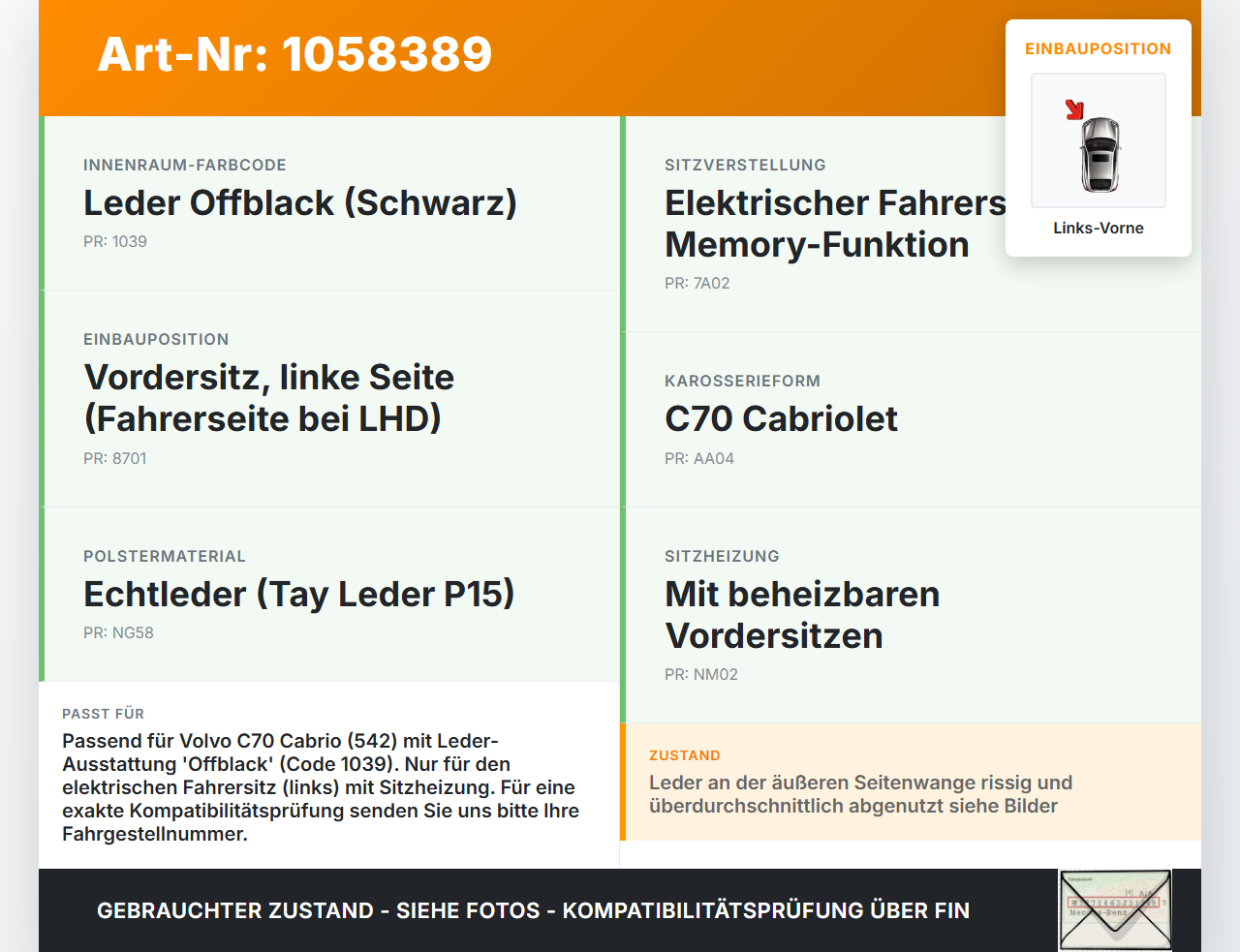 Volvo C70 542 06-09 Cabrio Sitzbezug Rückenpolster Links Vorne für Fahrer Sitz beheizt Volvo C70 542 06-09... Vorschau 3
