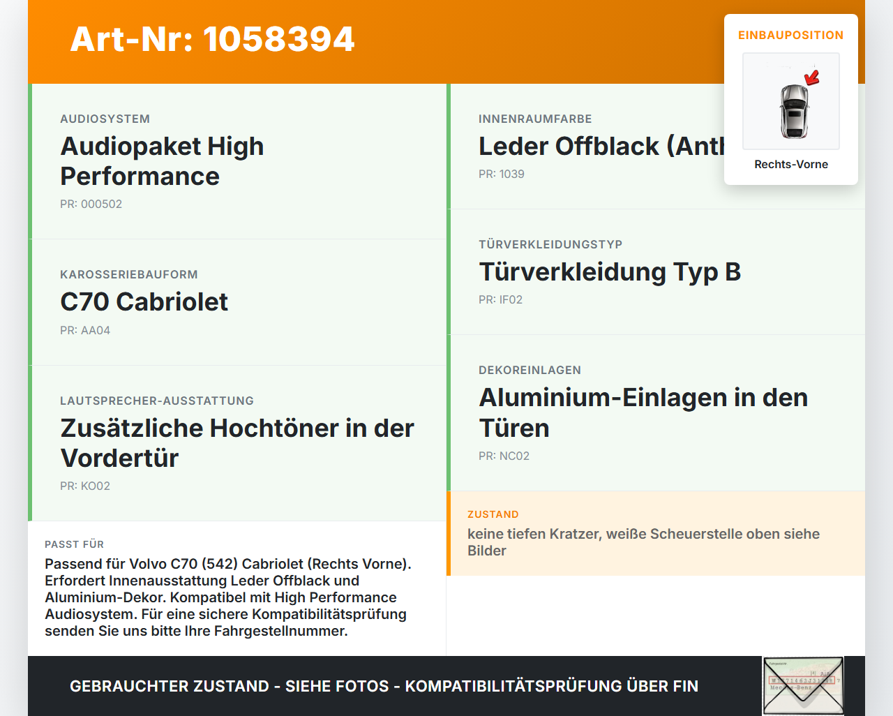 Volvo C70 542 06-09 Cabrio Türverkleidung Türpappe Rechts Vorne Volvo C70 542 06-09 01.06.2007 39858206 30683264... Vorschau 3