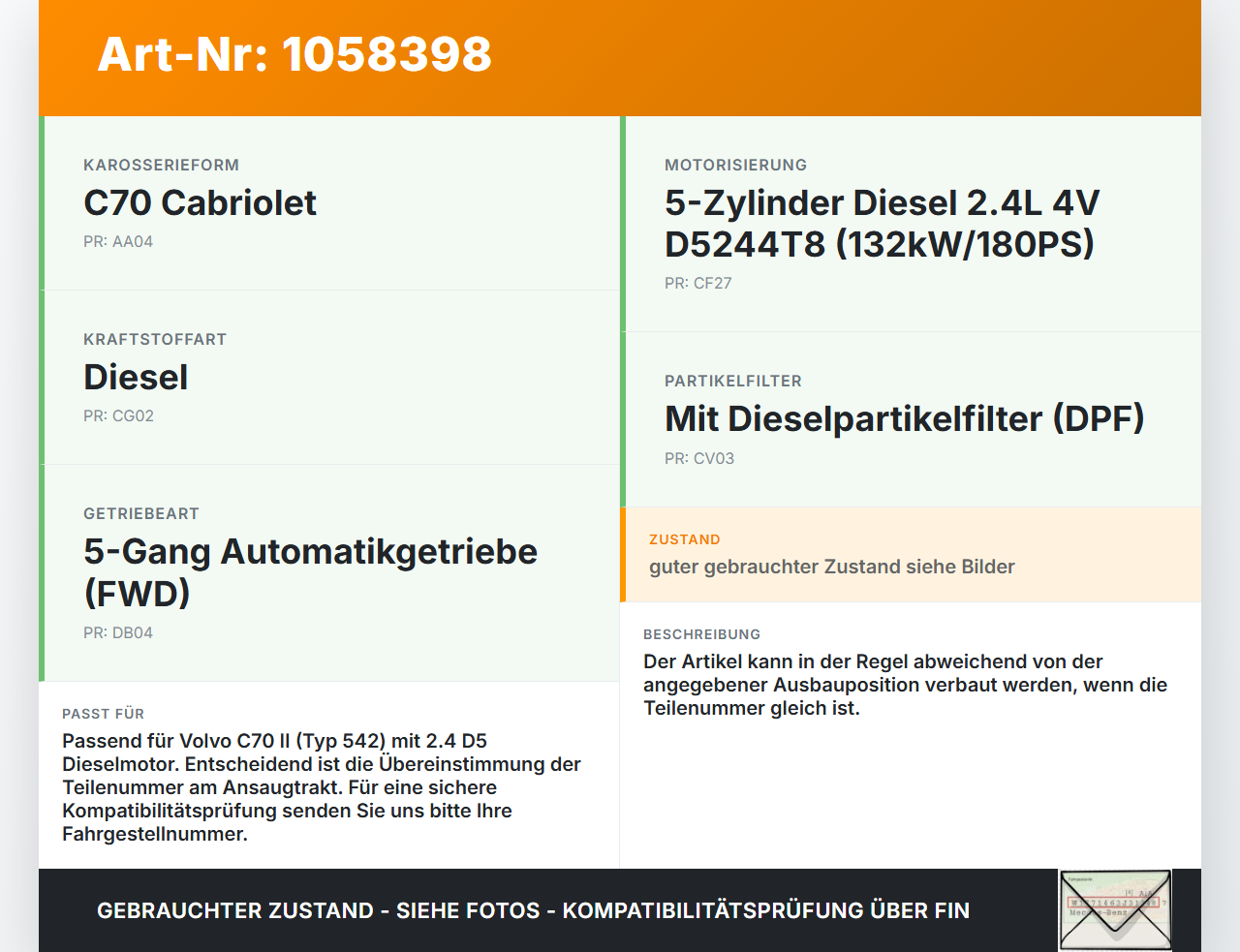 Volvo C70 542 06-09 2,4 132KW Ansaugrohr Ladeluftschlauch Luftschlauch Pos.1 Volvo C70 542 06-09 01.06.2007... Vorschau 3