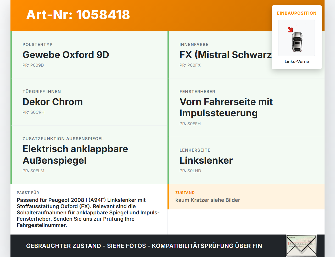 Peugeot 2008 I 13-19 Türverkleidung Türpappe Links Vorne Peugeot 2008 I 13-19 01.12.2016 98035433ZE FM1005ZE gebraucht Vorschau 3